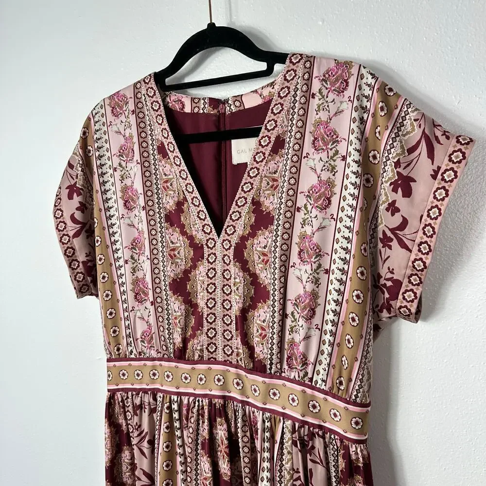 Gal Meets Glam Dress Liza Floral Midi Pink Burgundy Short Sleeve Modest 6